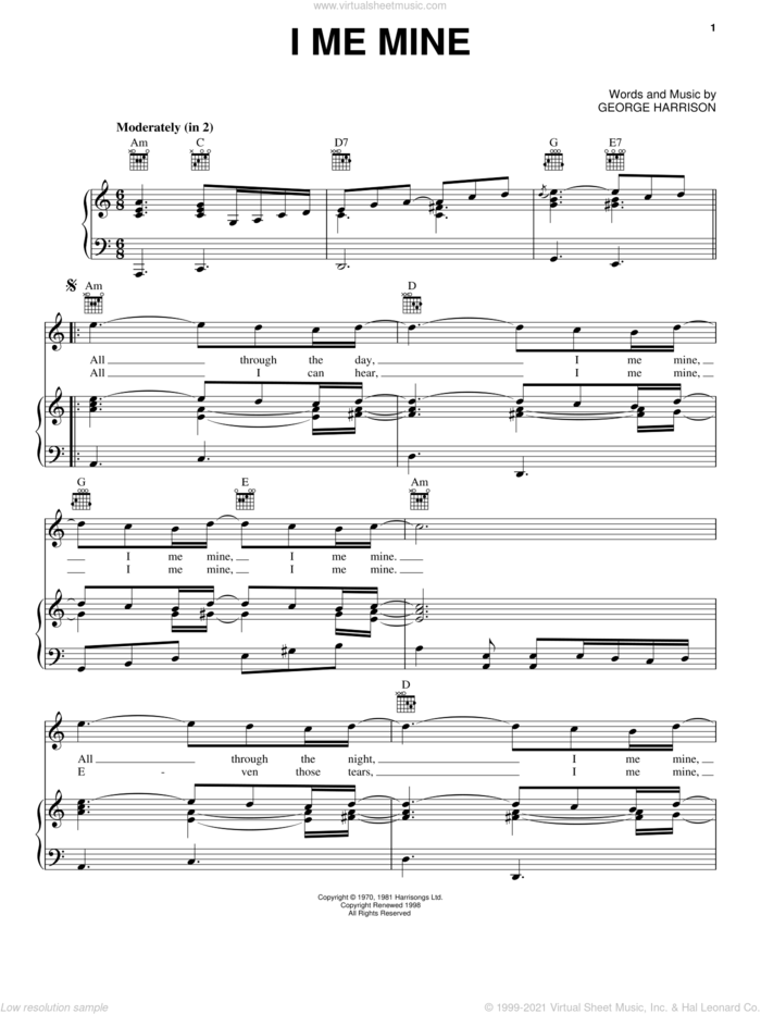 I Me Mine sheet music for voice, piano or guitar by The Beatles and George Harrison, intermediate skill level