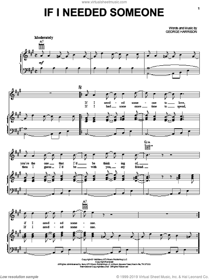 If I Needed Someone sheet music for voice, piano or guitar by The Beatles and George Harrison, intermediate skill level