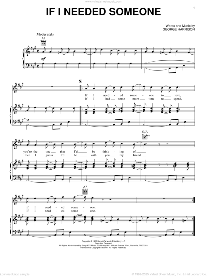 If I Needed Someone sheet music for voice, piano or guitar by The Beatles and George Harrison, intermediate skill level