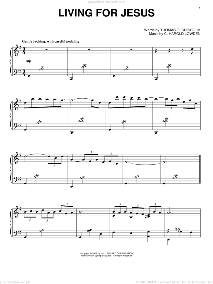 Living For Jesus sheet music for piano solo by C. Harold Lowden and Thomas O. Chisholm, intermediate skill level