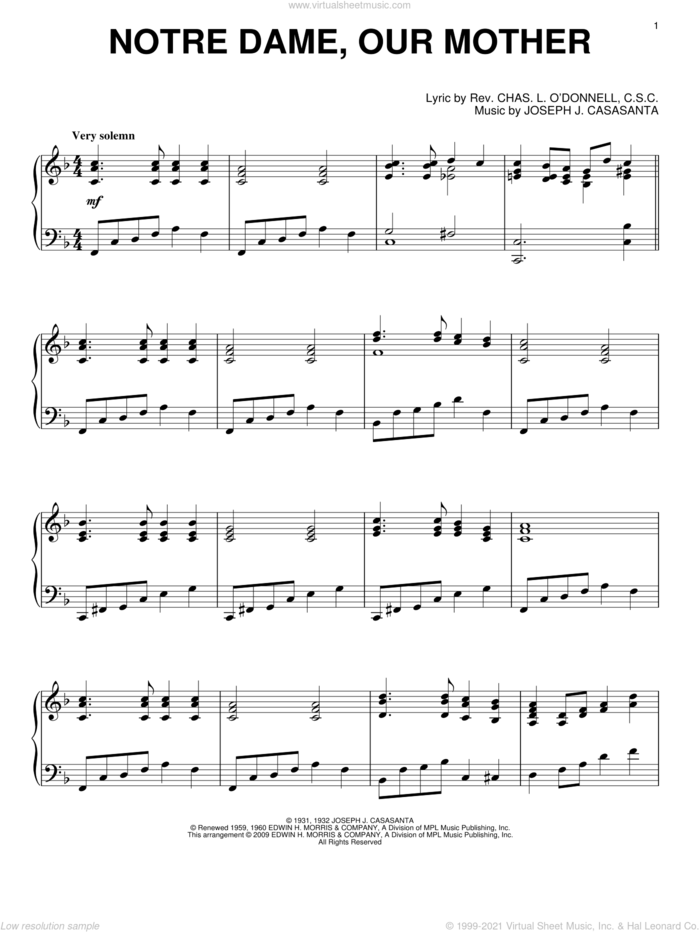 Notre Dame, Our Mother sheet music for piano solo by Joseph J. Casasanta, intermediate skill level