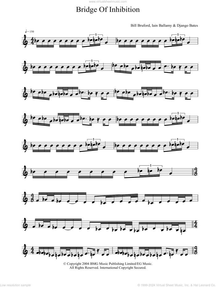 Bridge Of Inhibition sheet music for piano solo by Bill Bruford, intermediate skill level