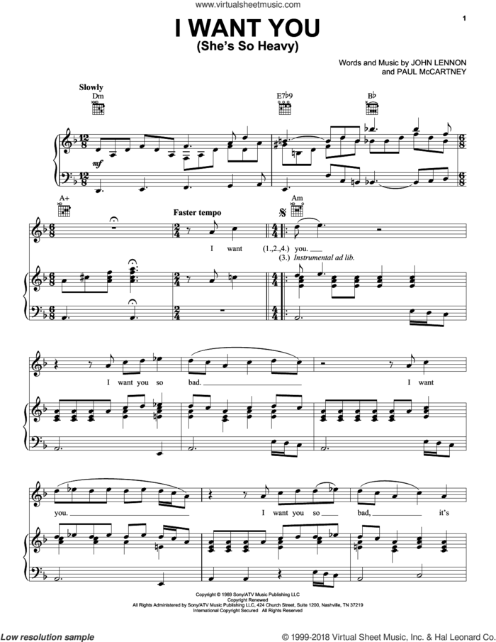 I Want You (She's So Heavy) sheet music for voice, piano or guitar by The Beatles, John Lennon and Paul McCartney, intermediate skill level