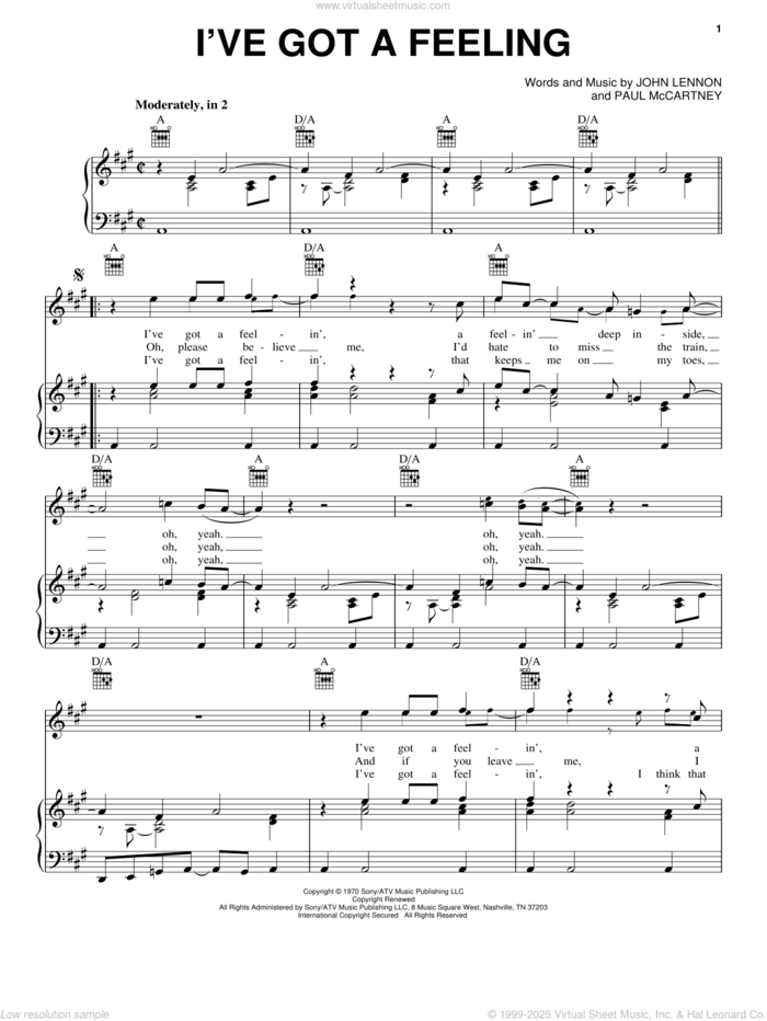 I've Got A Feeling sheet music for voice, piano or guitar by The Beatles, John Lennon and Paul McCartney, intermediate skill level