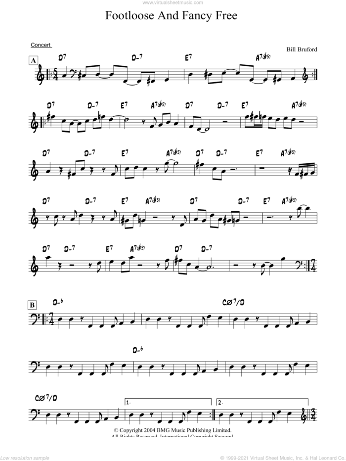 Footloose And Fancy Free sheet music for piano solo by Bill Bruford, intermediate skill level