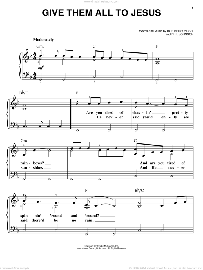 Give Them All To Jesus sheet music for piano solo by Bo Benson Sr. and Phil Johnson, easy skill level