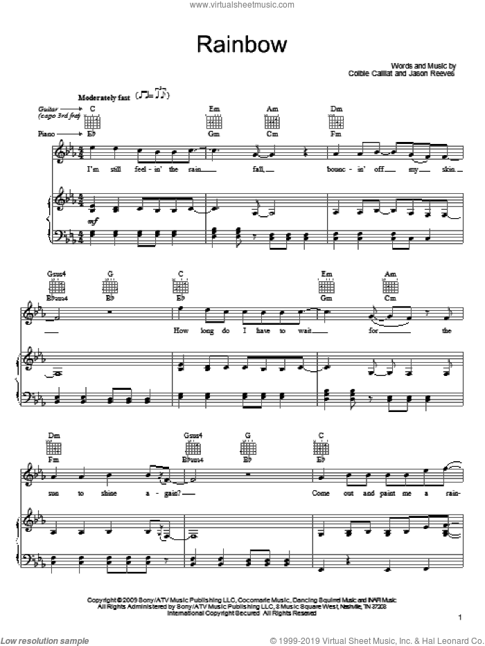 Rainbow sheet music for voice, piano or guitar by Colbie Caillat and Jason Reeves, intermediate skill level
