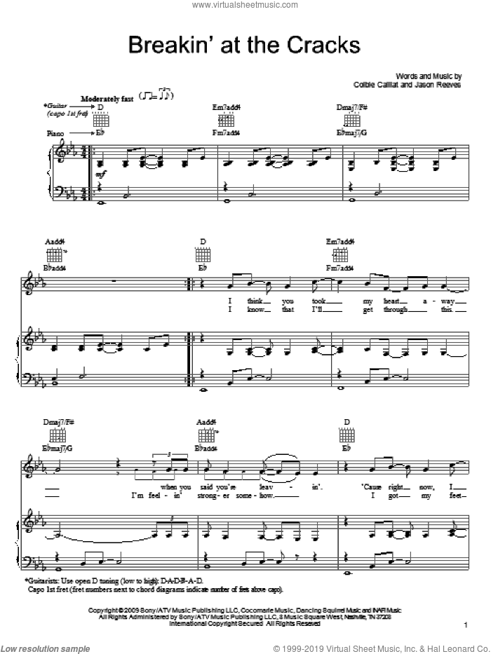 Breakin' At The Cracks sheet music for voice, piano or guitar by Colbie Caillat and Jason Reeves, intermediate skill level