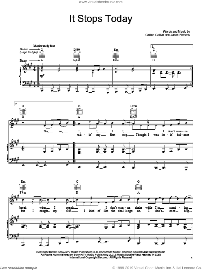It Stops Today sheet music for voice, piano or guitar by Colbie Caillat and Jason Reeves, intermediate skill level