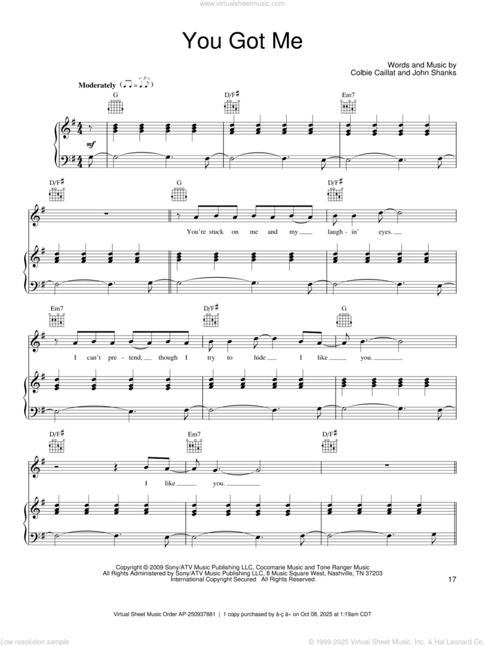 You Got Me sheet music for voice, piano or guitar by Colbie Caillat and John Shanks, intermediate skill level