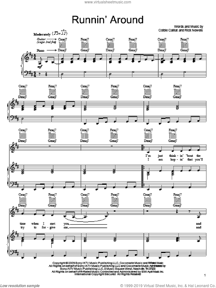 Runnin' Around sheet music for voice, piano or guitar by Colbie Caillat and Rick Nowels, intermediate skill level