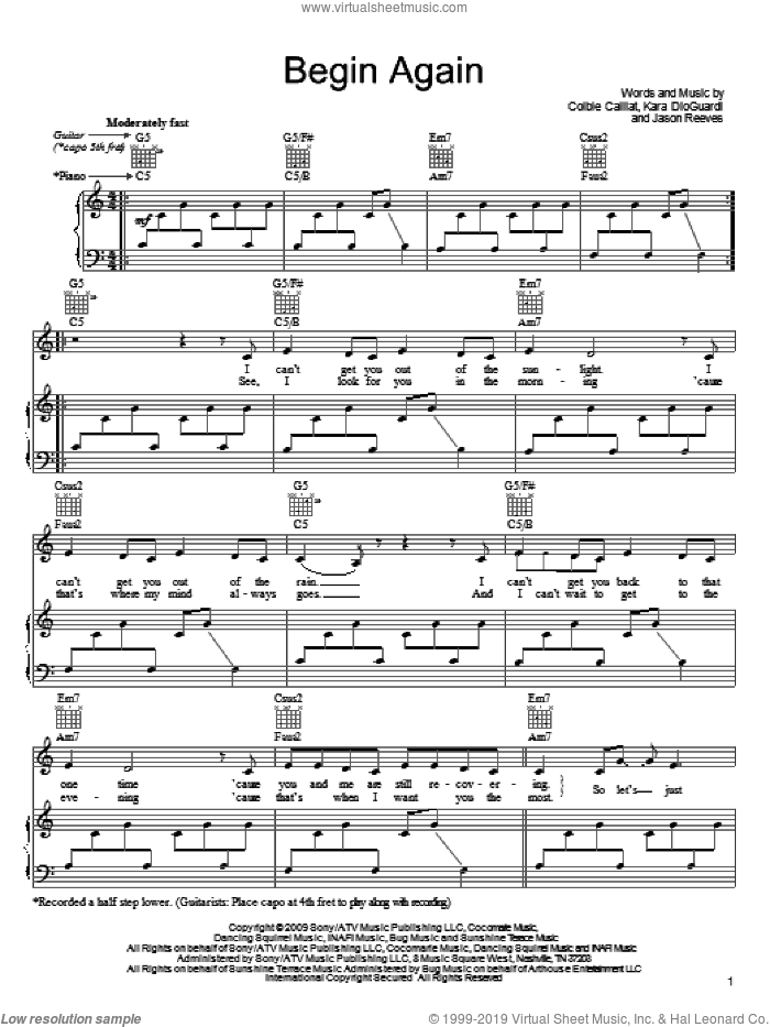 Begin Again sheet music for voice, piano or guitar by Colbie Caillat, Jason Reeves and Kara DioGuardi, intermediate skill level