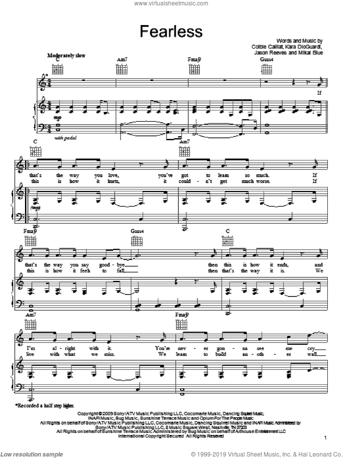 Fearless sheet music for voice, piano or guitar by Colbie Caillat, Jason Reeves, Kara DioGuardi and Mikal Blue, intermediate skill level