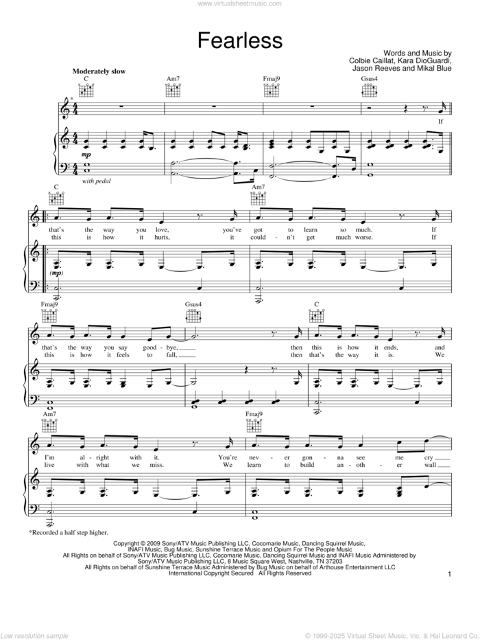 Fearless sheet music for voice, piano or guitar by Colbie Caillat, Jason Reeves, Kara DioGuardi and Mikal Blue, intermediate skill level