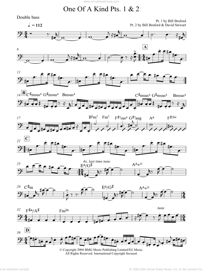 One Of A Kind Pts. 1 and 2 sheet music for bass solo by Bill Bruford, intermediate skill level