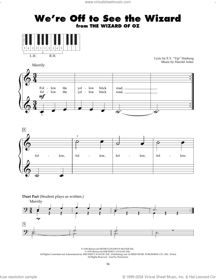 We're Off To See The Wizard (from The Wizard Of Oz) sheet music for piano solo (5-fingers) by Harold Arlen and E.Y. Harburg, beginner piano (5-fingers)