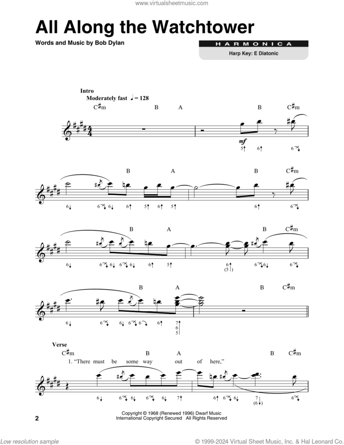 All Along The Watchtower sheet music for harmonica solo by Bob Dylan, intermediate skill level