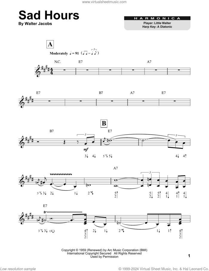 Sad Hours sheet music for harmonica solo by Little Walter and Walter Jacobs, intermediate skill level