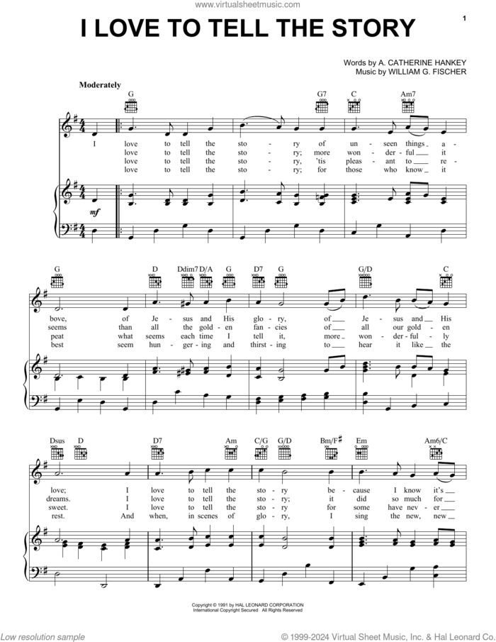 I Love To Tell The Story sheet music for voice, piano or guitar by William G. Fischer and A. Catherine Hankey, intermediate skill level