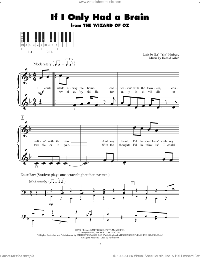 If I Only Had A Brain (from The Wizard Of Oz) sheet music for piano solo (5-fingers) by Harold Arlen and E.Y. Harburg, beginner piano (5-fingers)