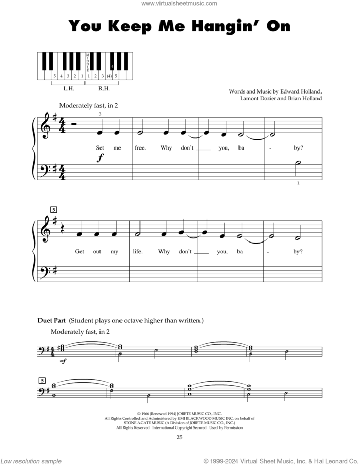You Keep Me Hangin' On sheet music for piano solo (5-fingers) by Glee Cast, The Supremes, Brian Holland, Edward Holland Jr. and Lamont Dozier, beginner piano (5-fingers)