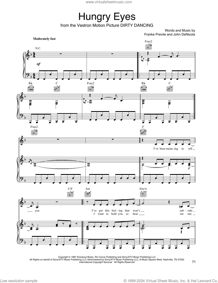 Hungry Eyes (from Dirty Dancing) sheet music for voice, piano or guitar by Eric Carmen, Franke Previte and John DeNicola, intermediate skill level