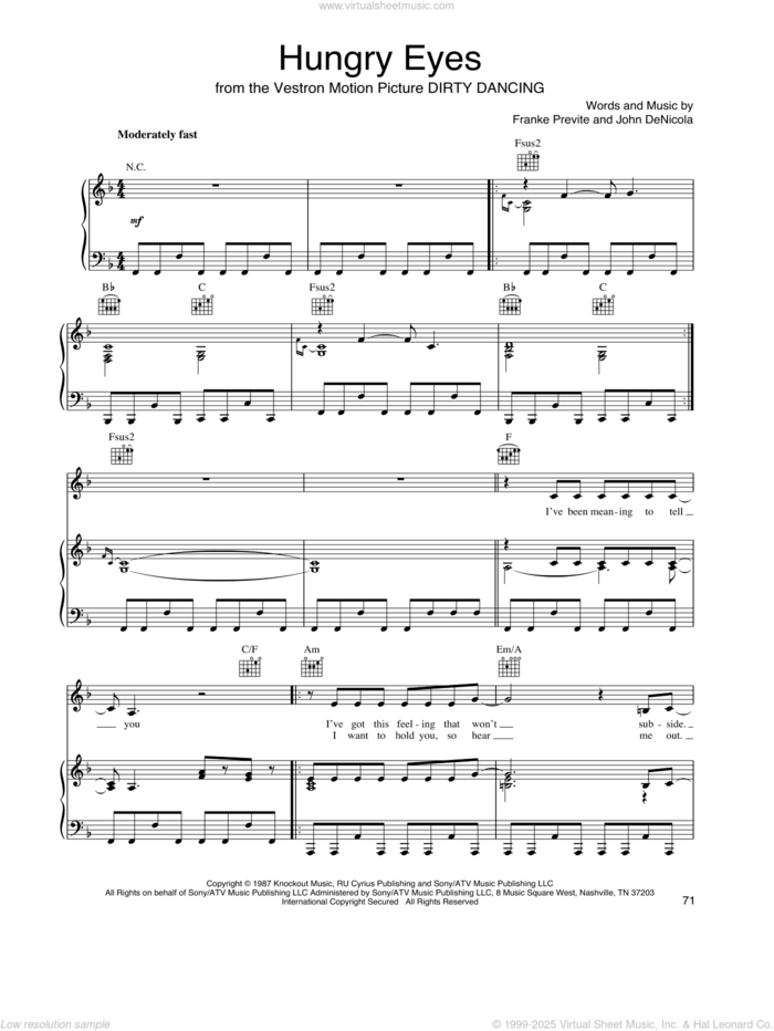 Hungry Eyes (from Dirty Dancing) sheet music for voice, piano or guitar by Eric Carmen, Franke Previte and John DeNicola, intermediate skill level