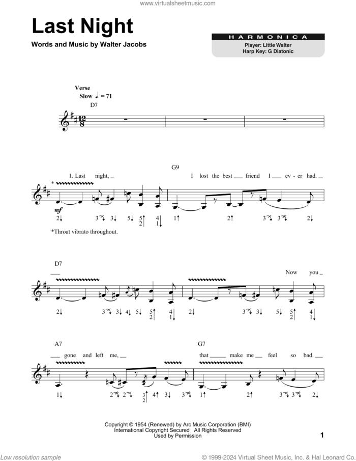 Last Night sheet music for harmonica solo by Little Walter and Walter Jacobs, intermediate skill level