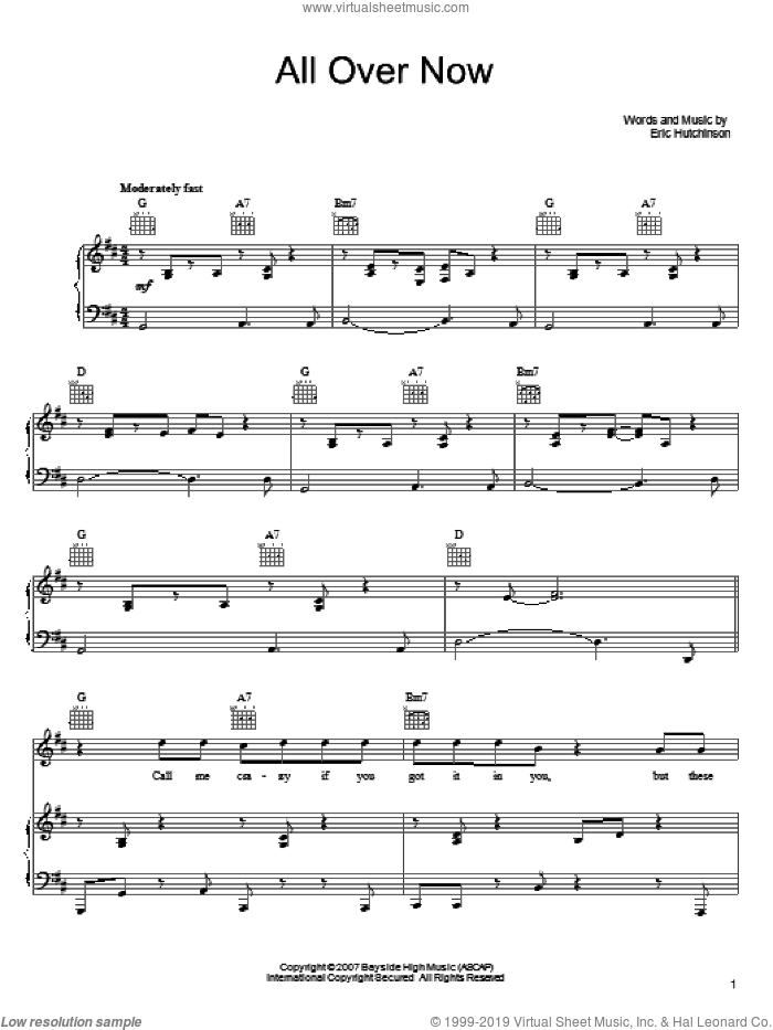 All Over Now sheet music for voice, piano or guitar by Eric Hutchinson, intermediate skill level