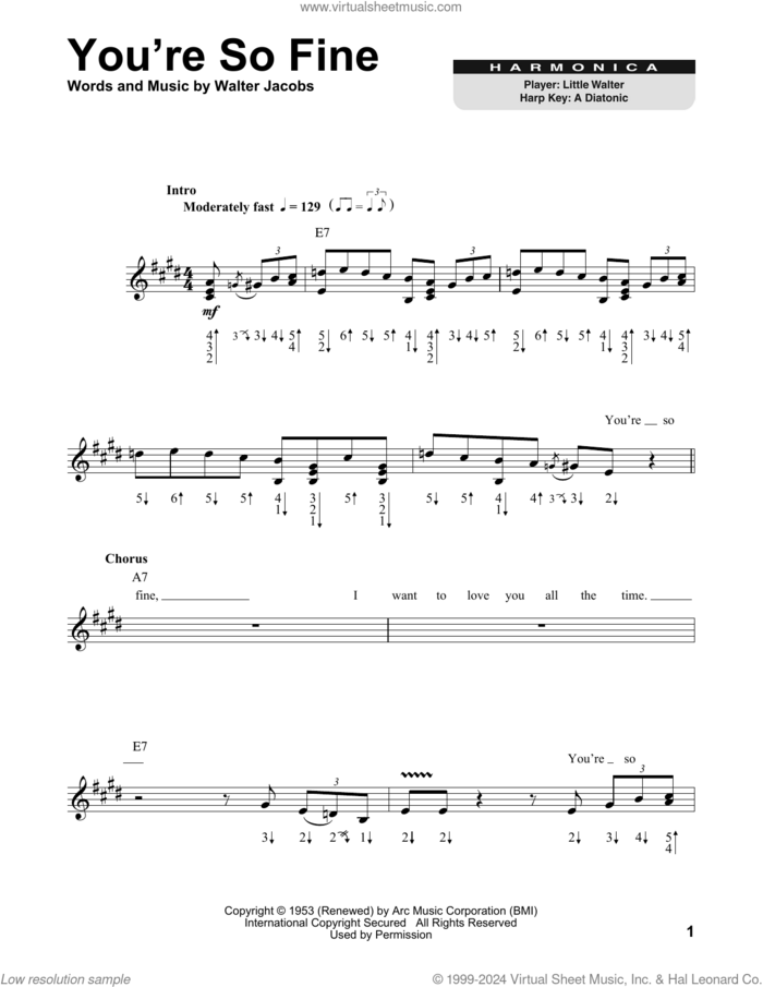 You're So Fine sheet music for harmonica solo by Little Walter and Walter Jacobs, intermediate skill level