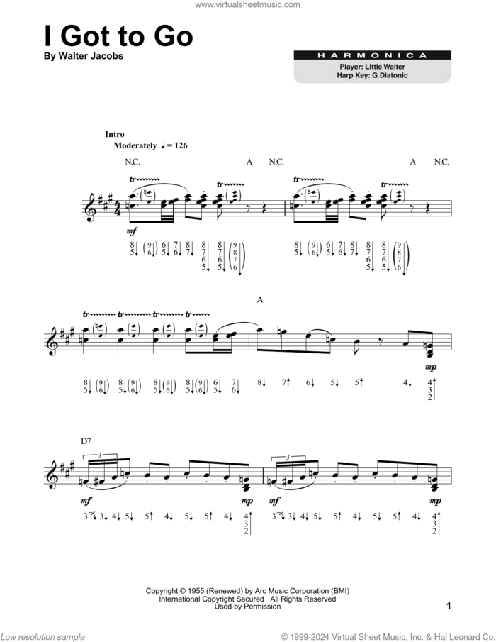 I Got To Go sheet music for harmonica solo by Little Walter and Walter Jacobs, intermediate skill level