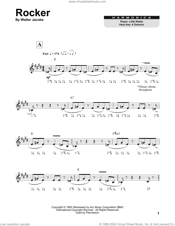 Rocker sheet music for harmonica solo by Little Walter and Walter Jacobs, intermediate skill level