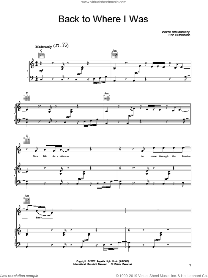 Back To Where I Was sheet music for voice, piano or guitar by Eric Hutchinson, intermediate skill level