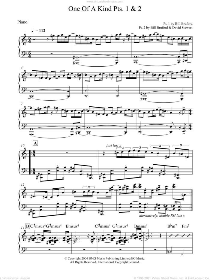 One Of A Kind Pts. 1 and 2 sheet music for piano solo by Bill Bruford, intermediate skill level