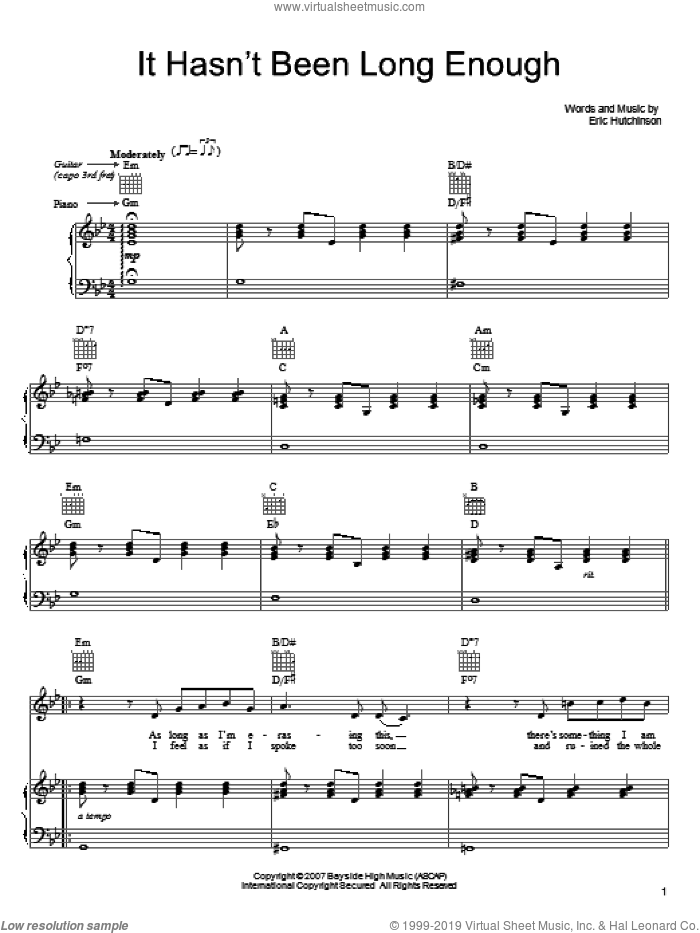 It Hasn't Been Long Enough sheet music for voice, piano or guitar by Eric Hutchinson, intermediate skill level