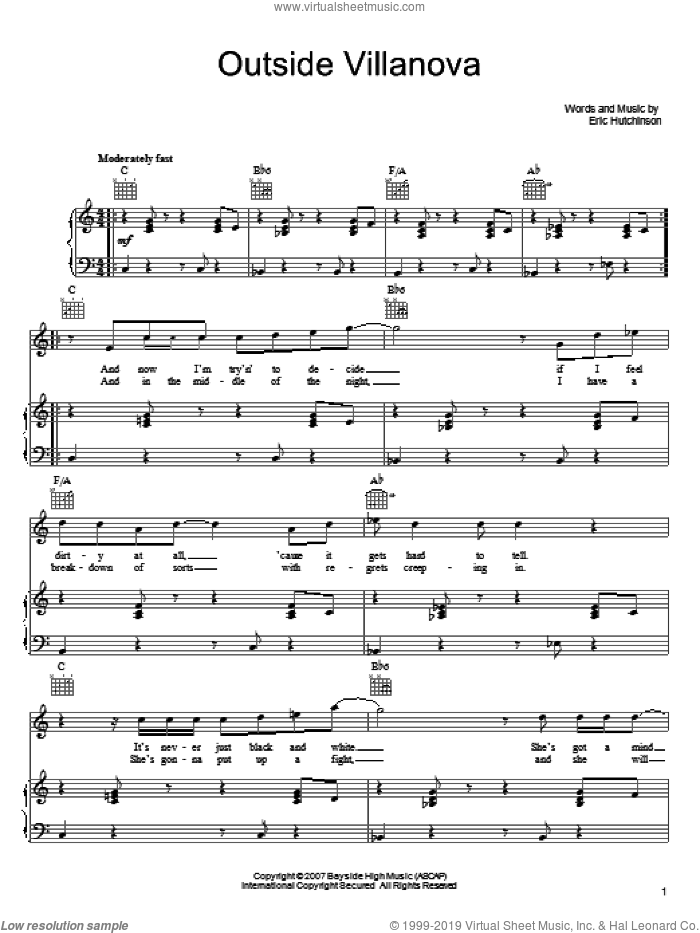 Outside Villanova sheet music for voice, piano or guitar by Eric Hutchinson, intermediate skill level