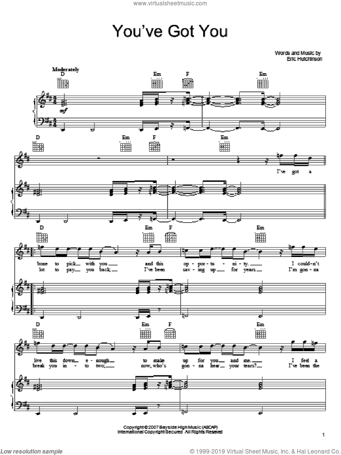 You've Got You sheet music for voice, piano or guitar by Eric Hutchinson, intermediate skill level