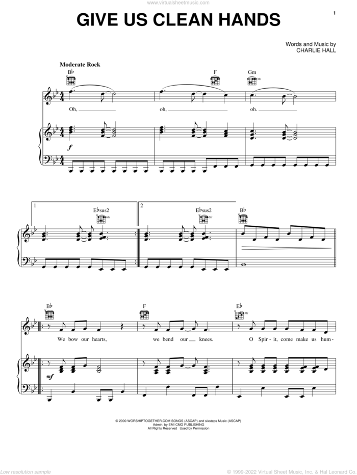 Give Us Clean Hands sheet music for voice, piano or guitar by Kutless, Chris Tomlin and Charlie Hall, intermediate skill level