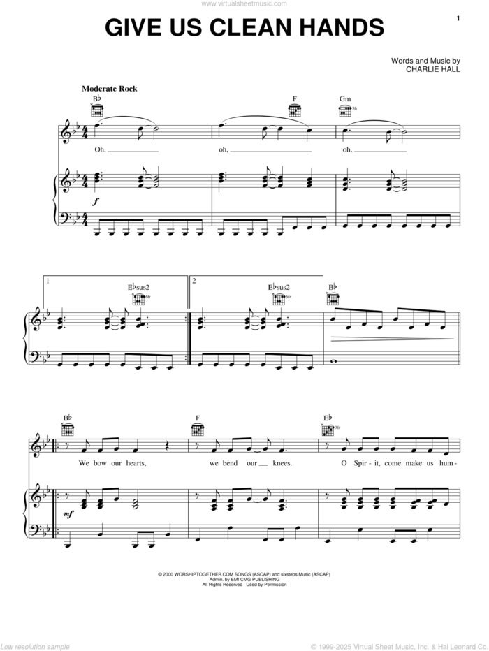 Give Us Clean Hands sheet music for voice, piano or guitar by Kutless, Chris Tomlin and Charlie Hall, intermediate skill level