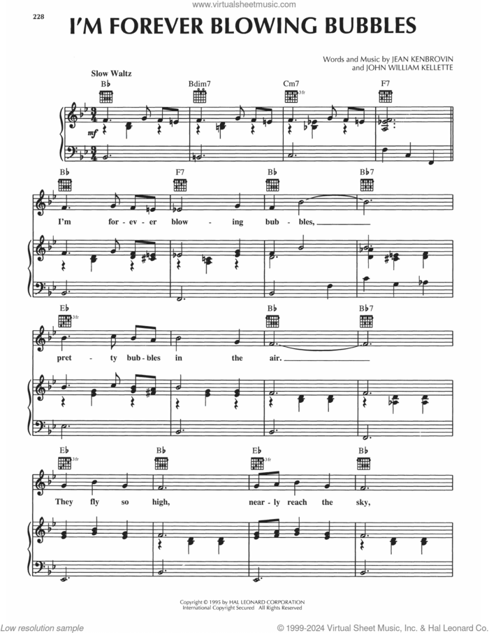 I'm Forever Blowing Bubbles sheet music for voice, piano or guitar by Jean Kenbrovin and John William Kellette, intermediate skill level