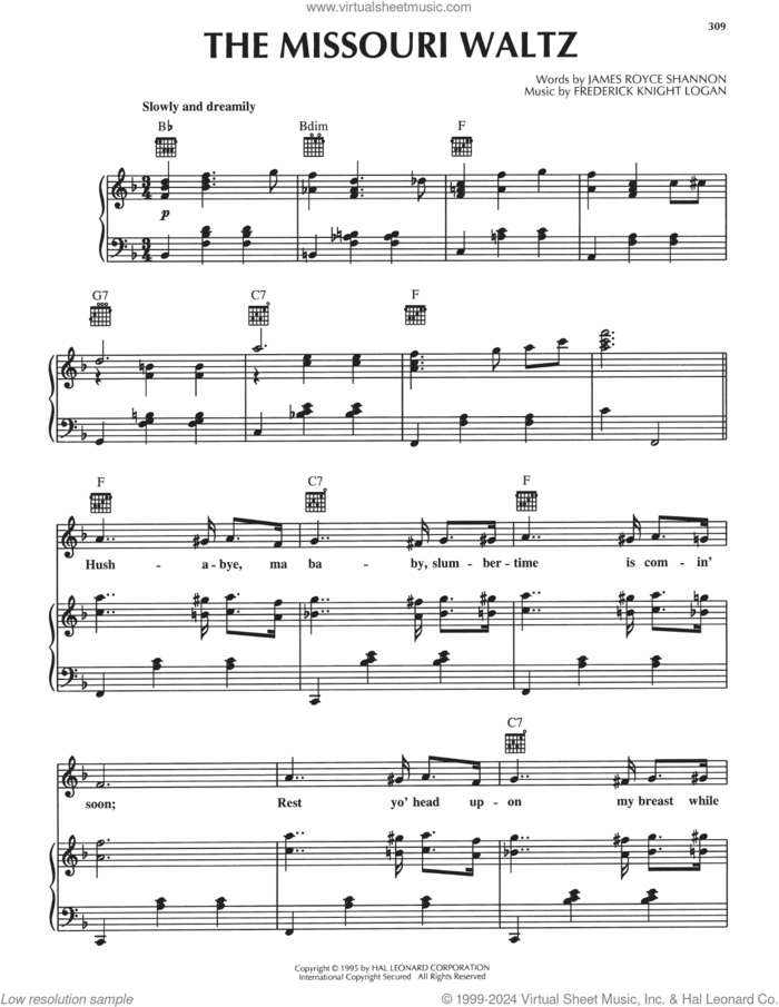 The Missouri Waltz sheet music for voice, piano or guitar by Frederick Knight Logan and James Royce Shannon, intermediate skill level