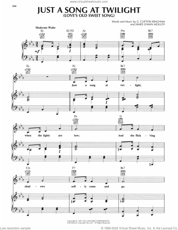 Just A Song At Twilight (Love's Old Sweet Song) sheet music for voice, piano or guitar by James Lyman Molloy and G. Clifton Bingham, classical score, intermediate skill level
