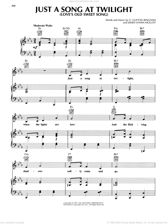 Just A Song At Twilight (Love's Old Sweet Song) sheet music for voice, piano or guitar by James Lyman Molloy and G. Clifton Bingham, classical score, intermediate skill level