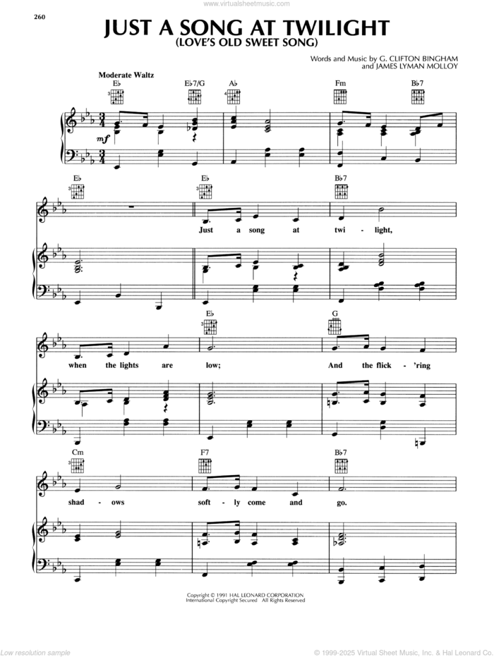 Just A Song At Twilight (Love's Old Sweet Song) sheet music for voice, piano or guitar by James Lyman Molloy and G. Clifton Bingham, classical score, intermediate skill level