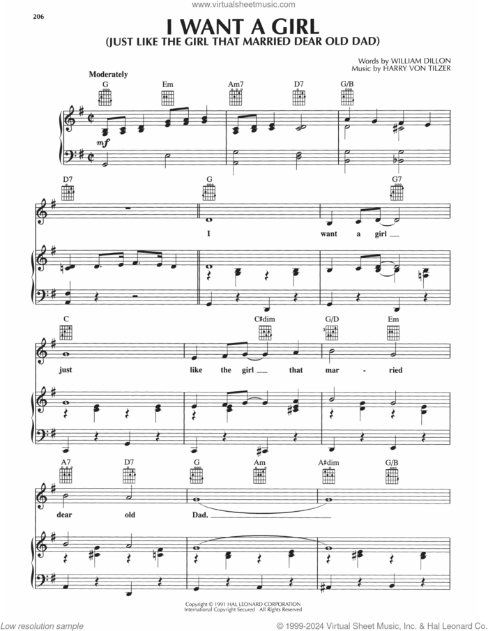 I Want A Girl (Just Like The Girl That Married Dear Old Dad) sheet music for voice, piano or guitar by Harry von Tilzer and William Dillon, intermediate skill level
