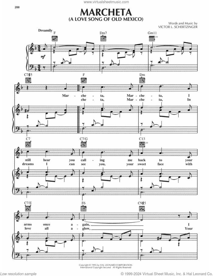 Marcheta (A Love Song Of Old Mexico) sheet music for voice, piano or guitar by Victor L. Schertzinger, intermediate skill level