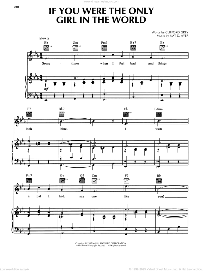 If You Were The Only Girl In The World sheet music for voice, piano or guitar by Clifford Grey and Nat D Ayer, intermediate skill level