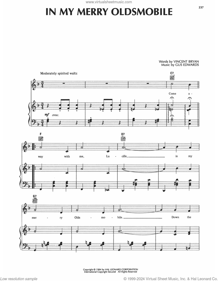 In My Merry Oldsmobile sheet music for voice, piano or guitar by Gus Edwards and Vincent Bryan, classical score, intermediate skill level