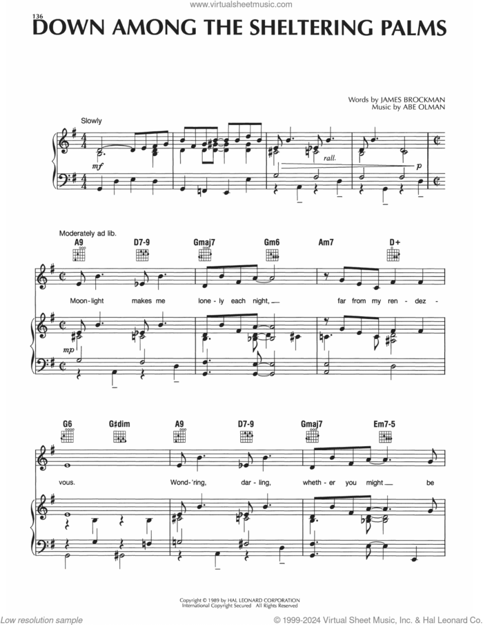 Down Among The Sheltering Palms sheet music for voice, piano or guitar by Abe Olman and James Brockman, intermediate skill level