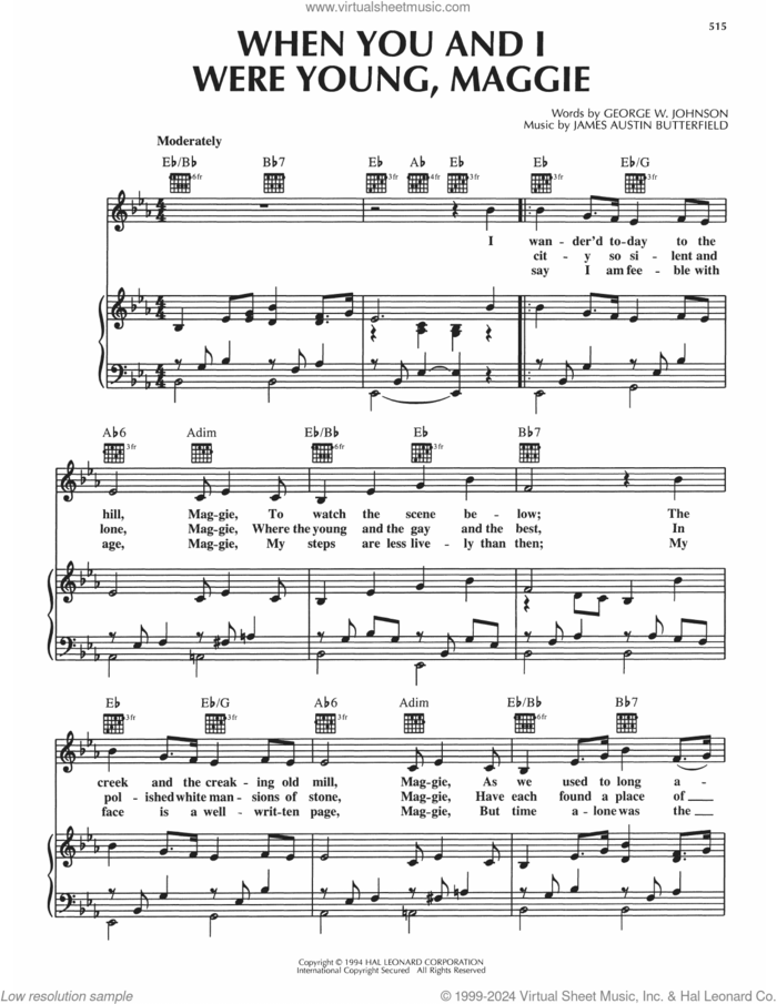 When You And I Were Young, Maggie sheet music for voice, piano or guitar by James Austin Butterfield and George W. Johnson, intermediate skill level